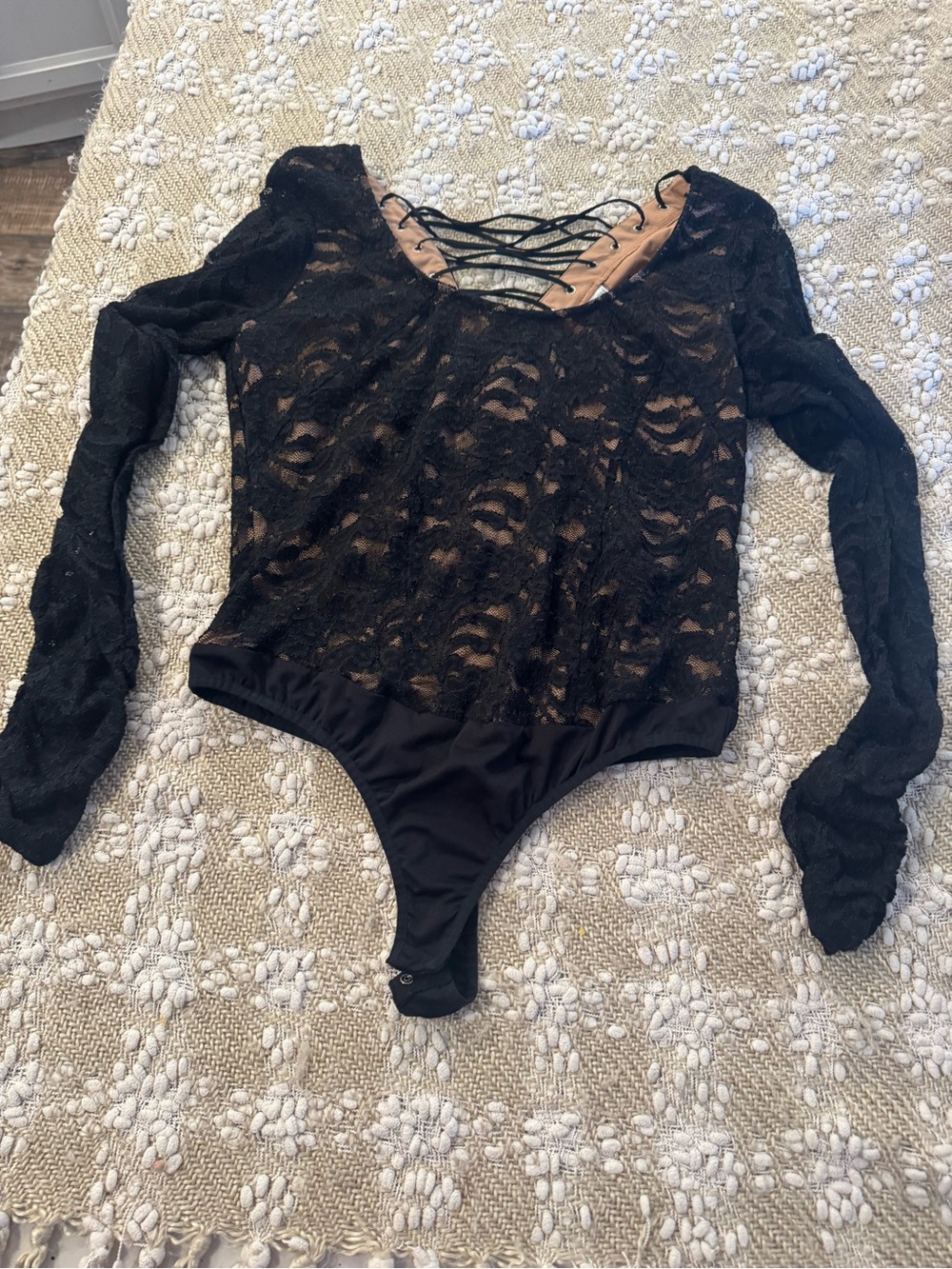 Bisou Bisou Women`s Sexy Black Lace Bodysuit Blouse Lace-up Back Size L